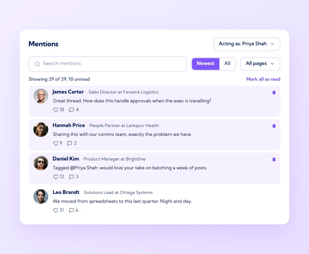 Vulse Mentions feed with search, Newest and All filters, a page filter, unread count and a list of mentions