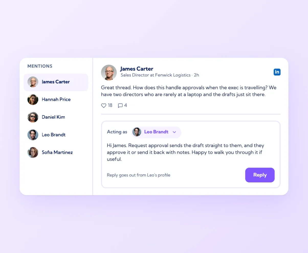 Vulse mention open in the right-hand panel with a reply box and Acting as set to a team member profile