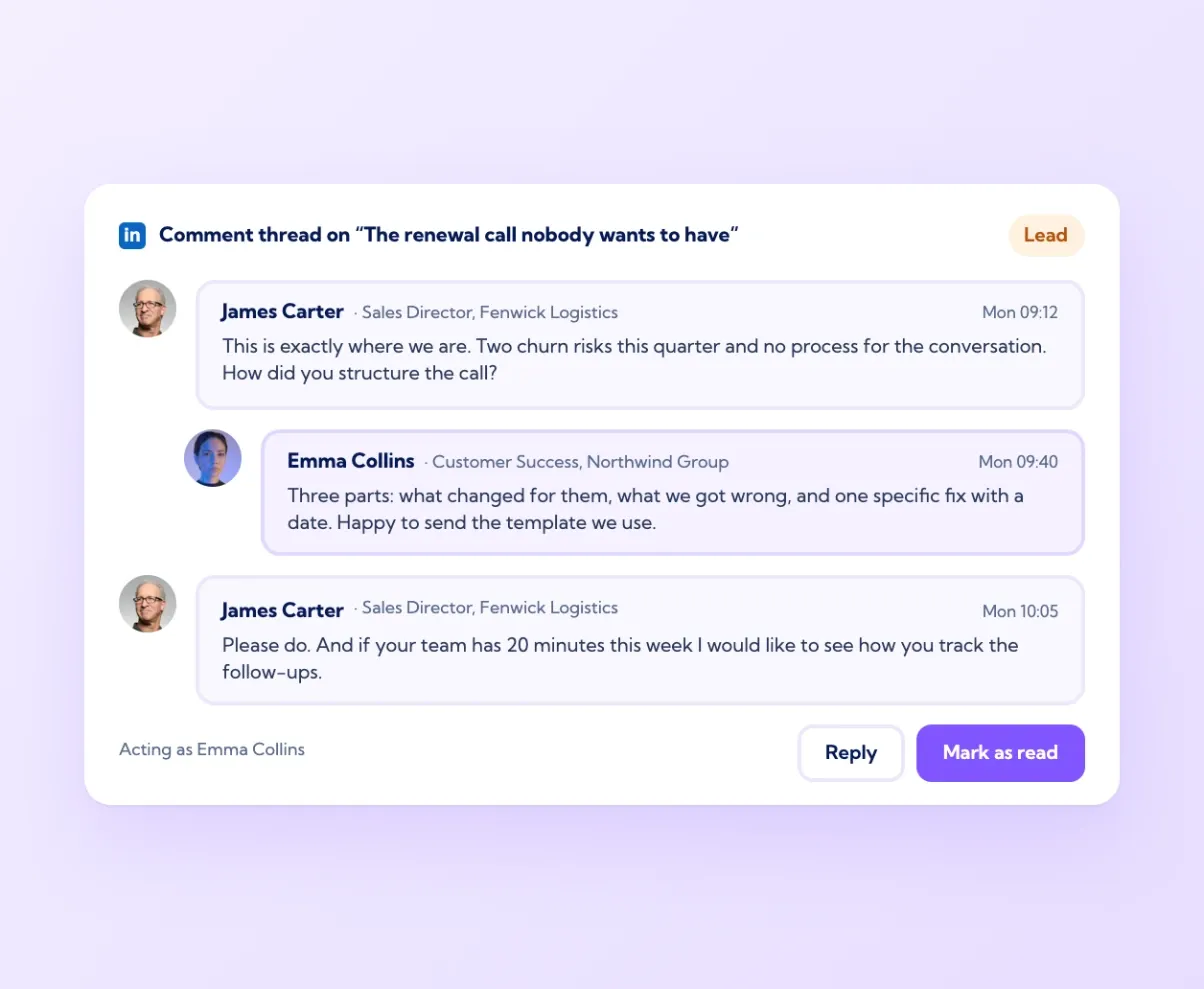 Vulse comment thread between a prospect and a team member, replied as the right profile