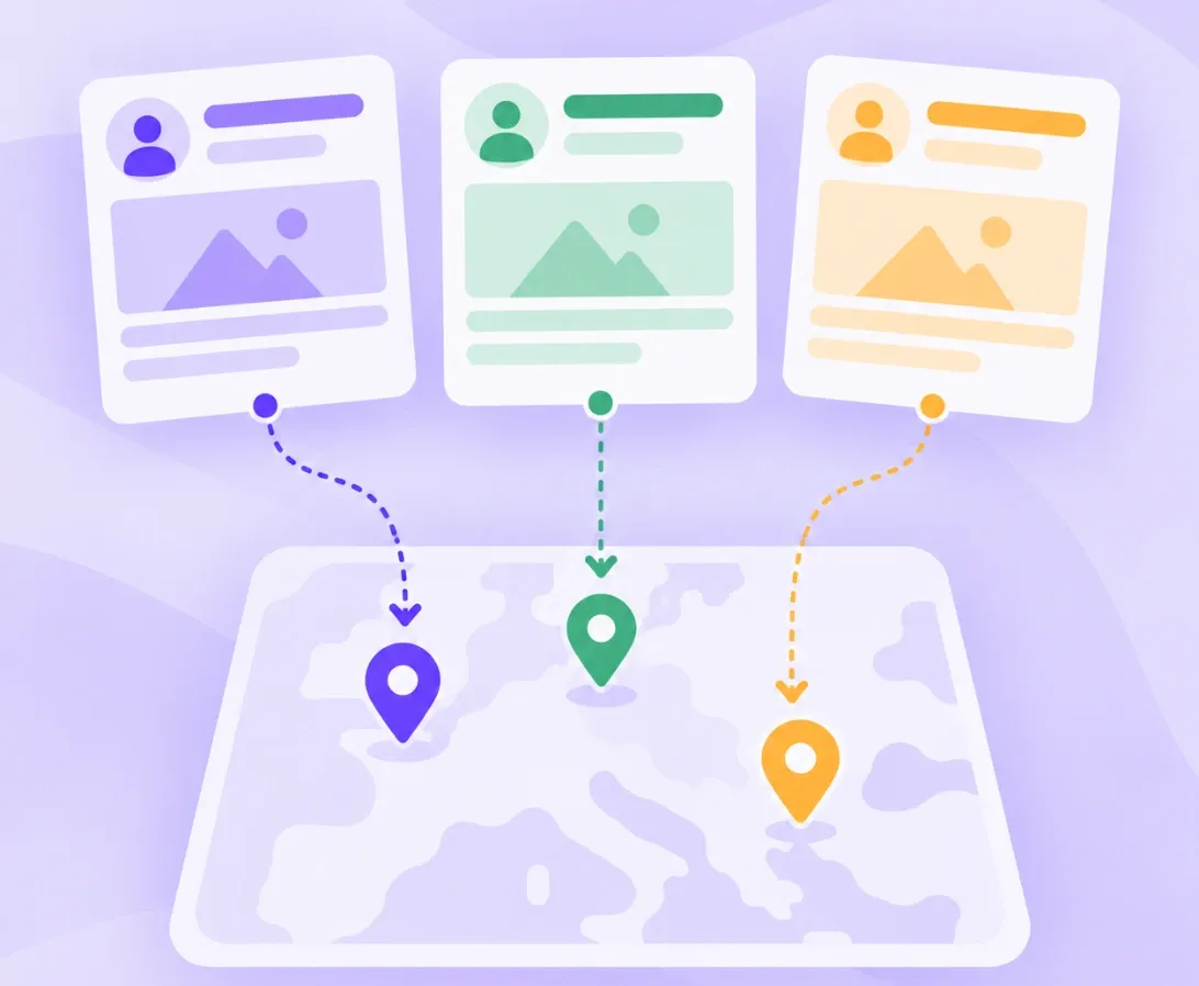Illustration of targeted content feeds going to different regions on a map