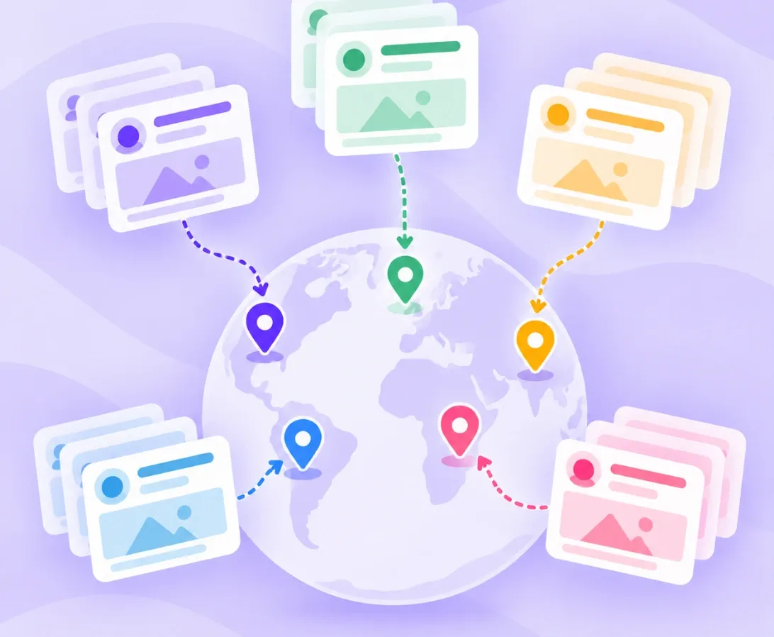 Illustration of a globe with separate content streams for each region