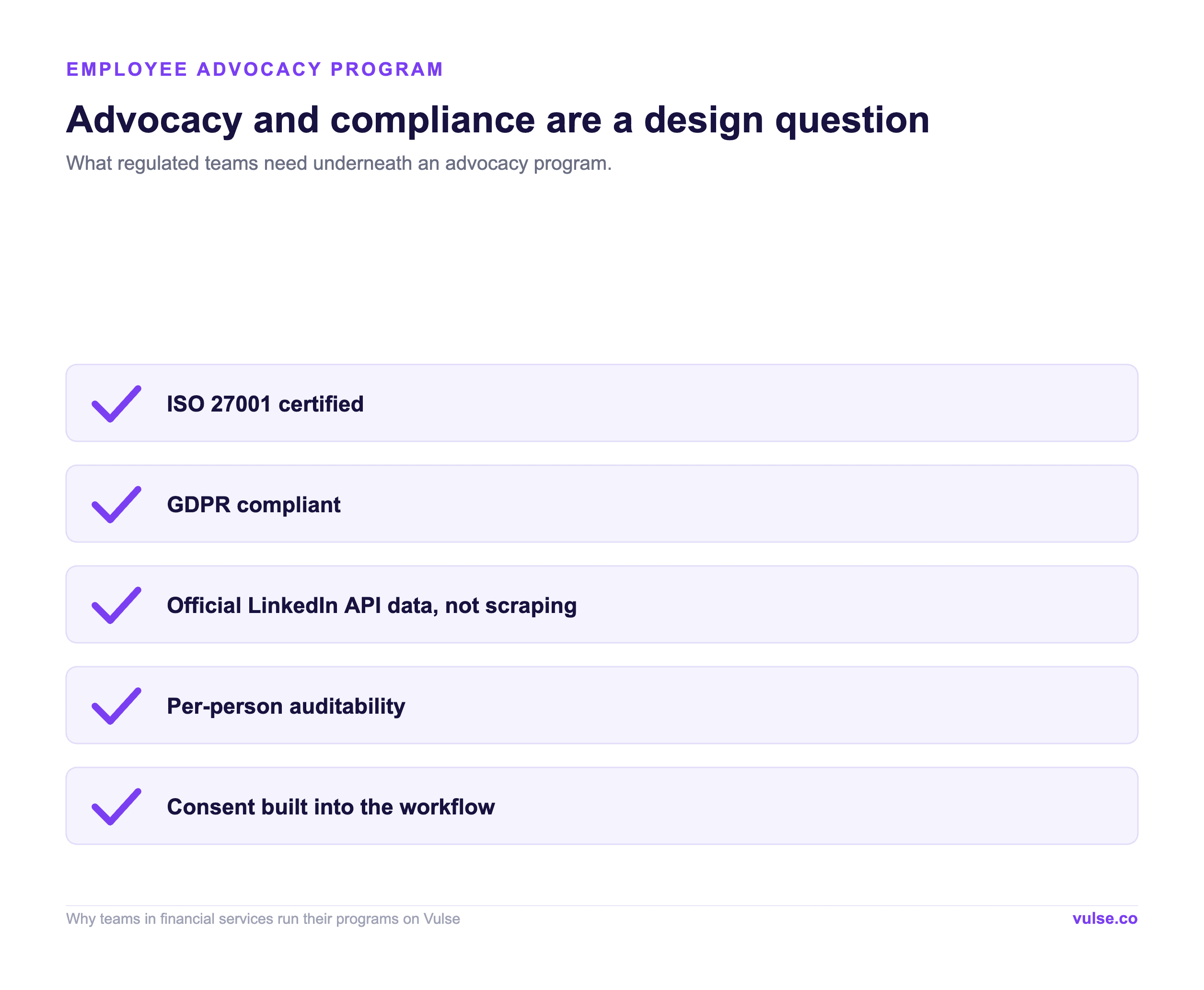 Compliance infrastructure checklist: ISO 27001, GDPR, official LinkedIn API, per-person auditability, consent in the workflow