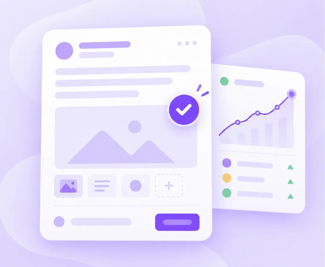 Illustration of a social post being drafted with an approval check and a rising results chart