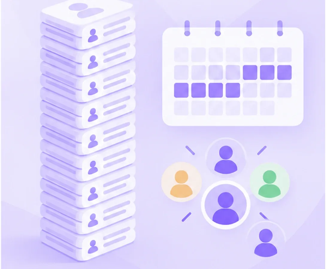 Illustration of a tall stack of seat licences next to a small team and a multi-week calendar