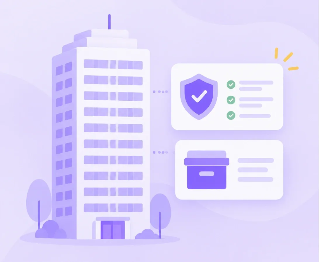 Illustration of a large enterprise building with governance and archiving cards