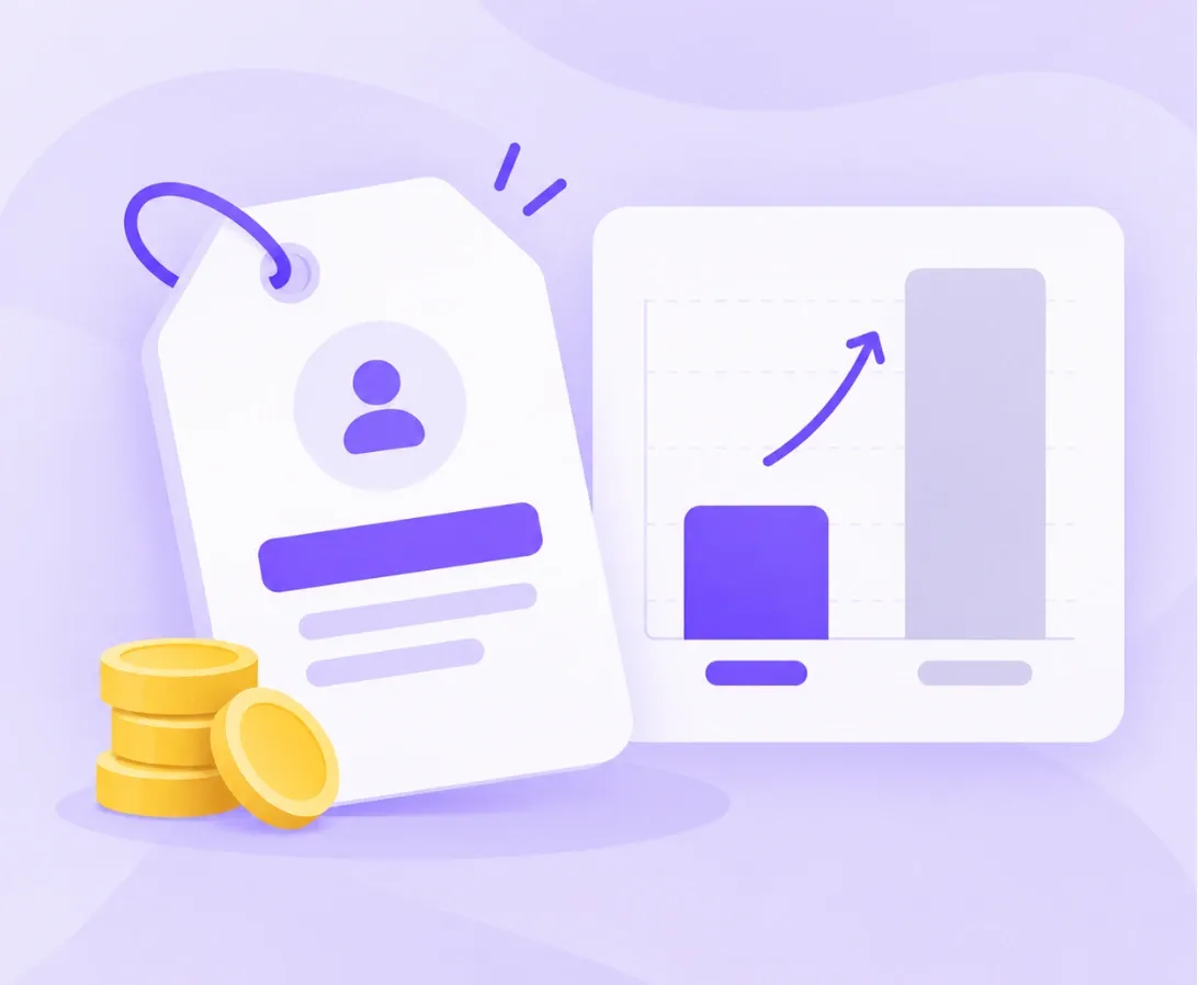 Illustration of a price tag and a cost comparison bar chart