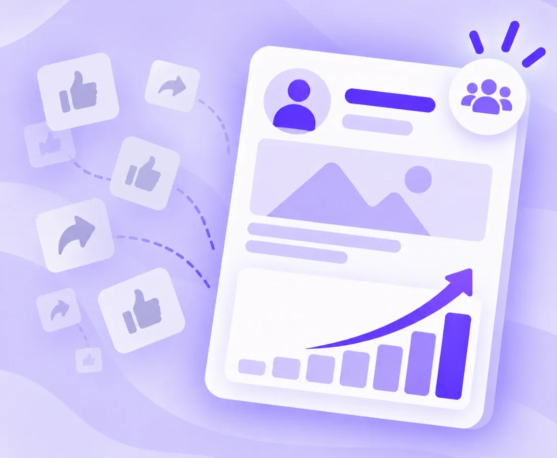 Illustration of likes and shares fading next to a growing personal profile