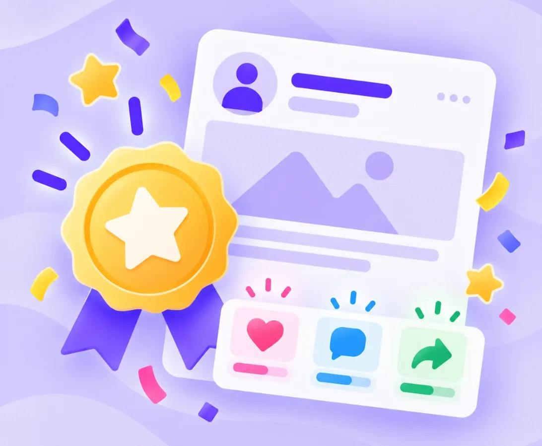 Illustration of a reward badge and engagement scoreboard on a company post