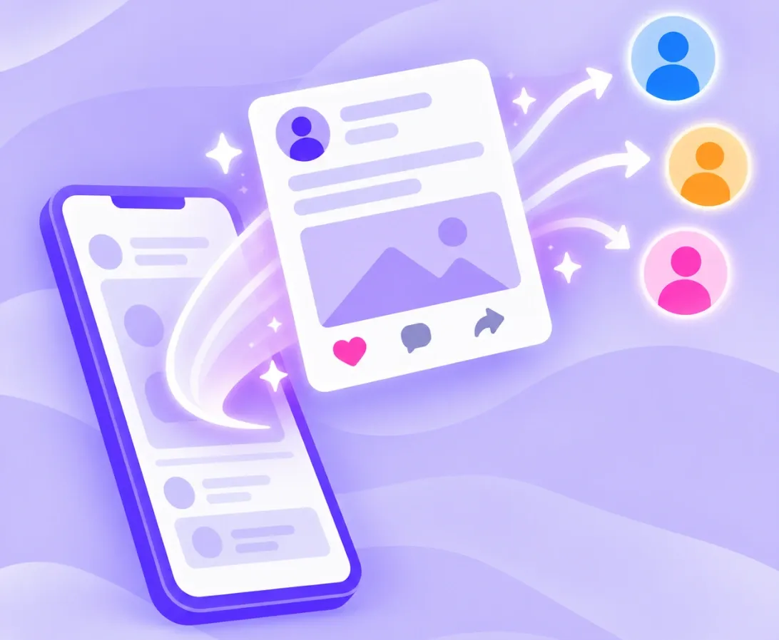 Illustration of a post flying out from a phone to reach new people