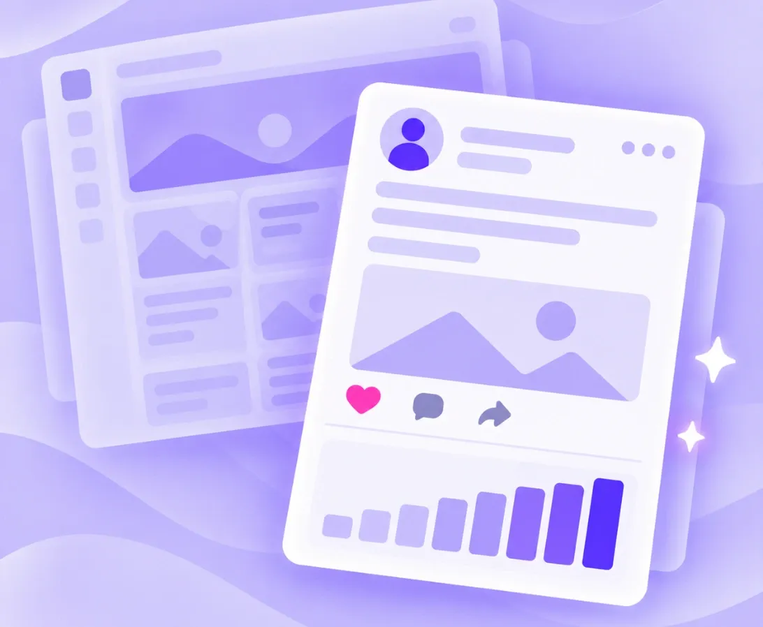 Illustration of a focused post and analytics card in front of a faded intranet