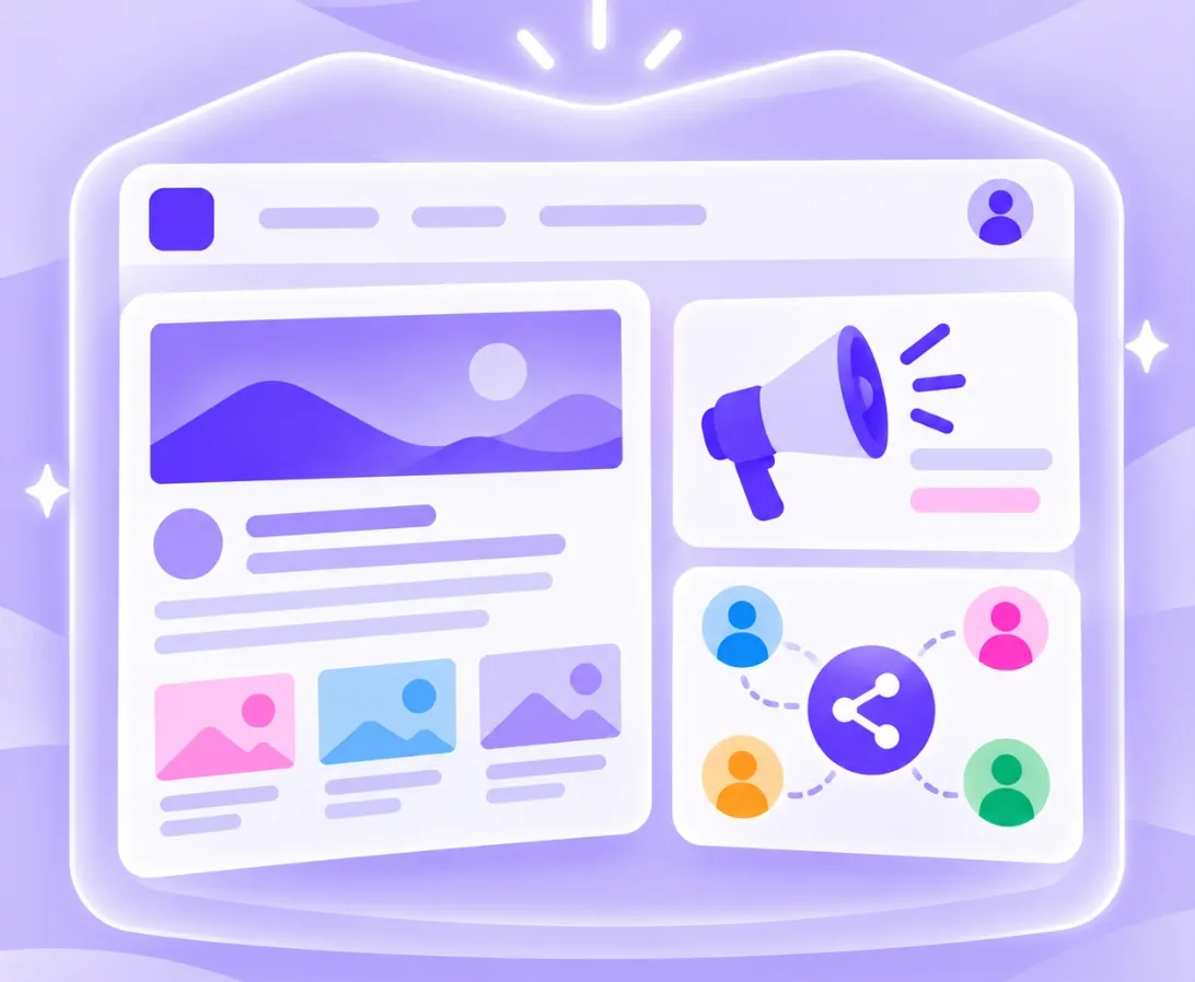 Illustration of an all-in-one employee hub with news, announcements and sharing