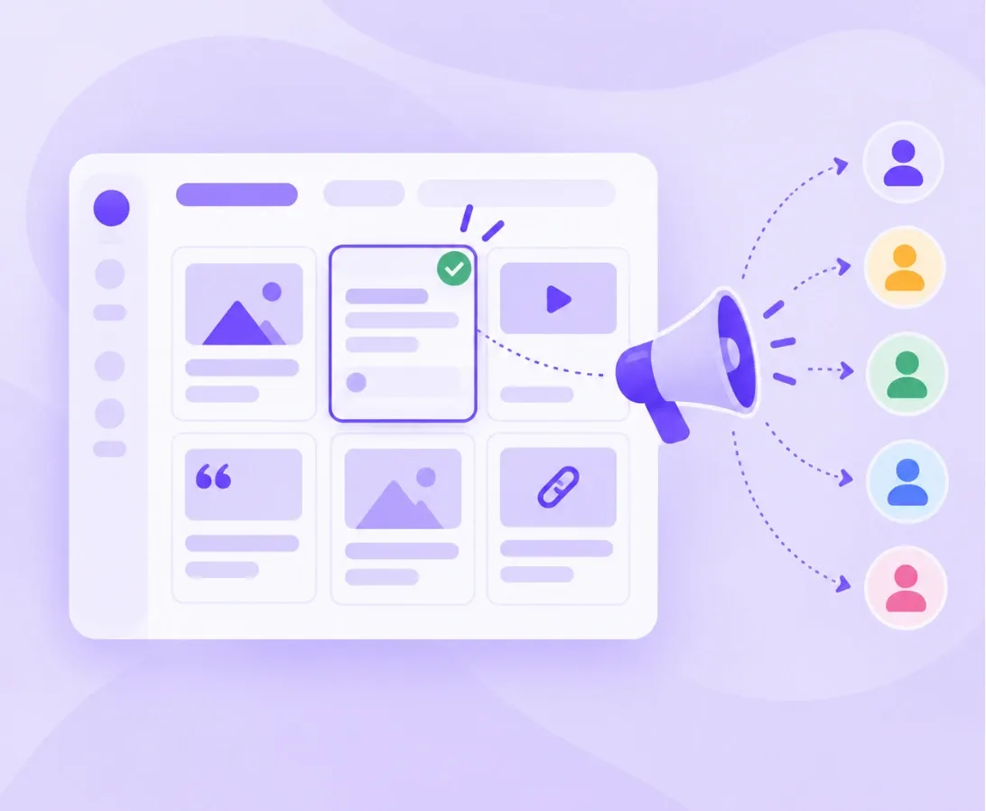 Illustration of a content dashboard sharing an approved post to employees