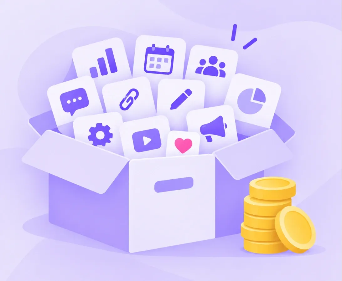Illustration of a box packed with many tools beside a stack of coins