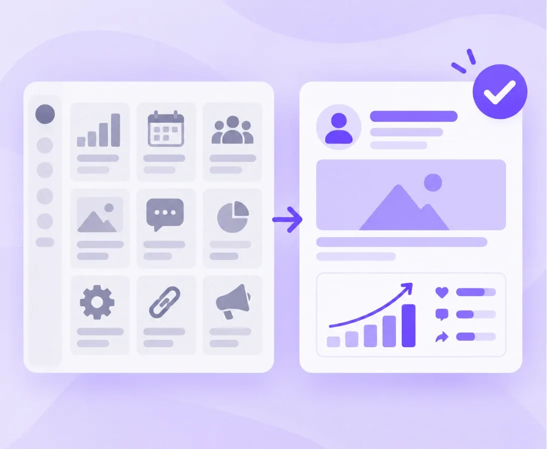Illustration of a busy suite dashboard next to a focused post card with results