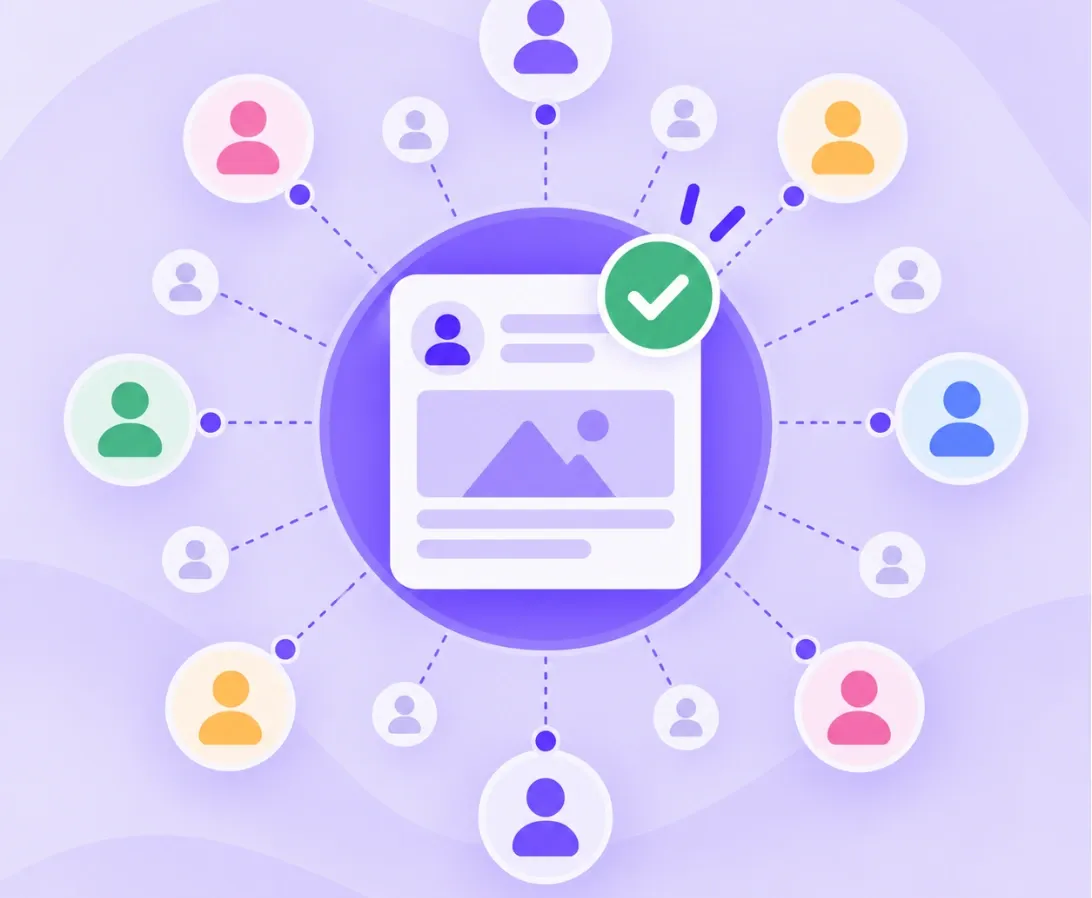 Illustration of one approved post shared out to many employees