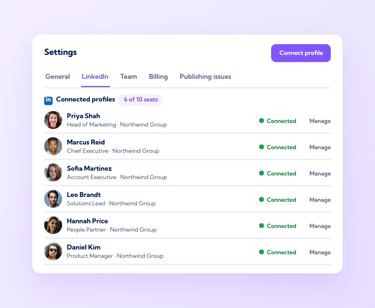 Vulse Settings LinkedIn tab listing six connected team profiles with a Connect profile button