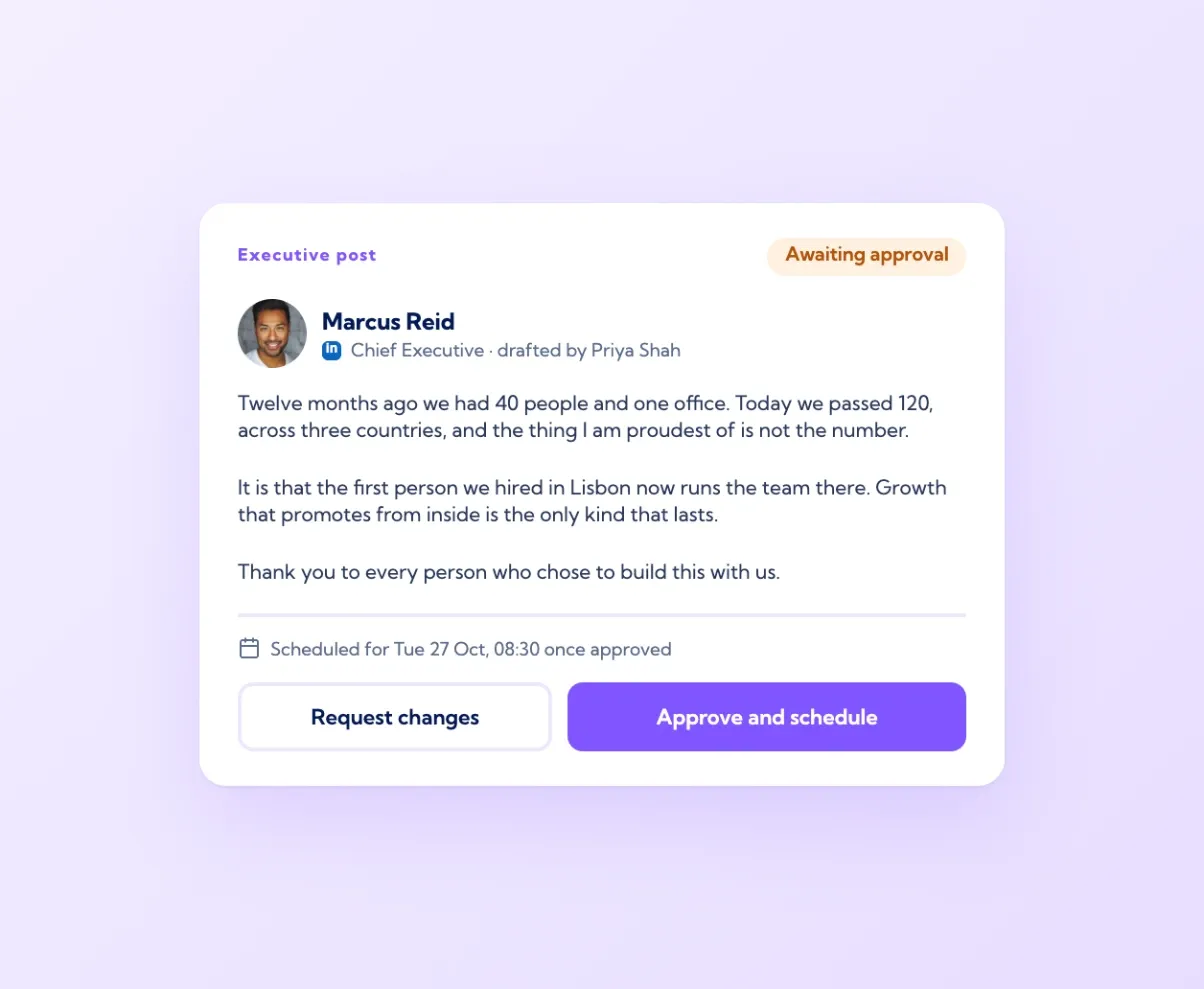 Vulse draft card for an executive post awaiting approval with Request changes and Approve and schedule buttons