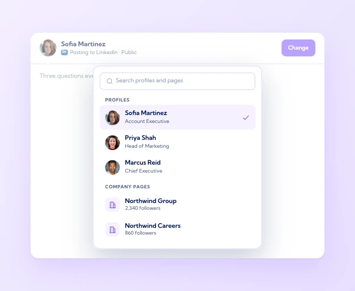 Vulse account picker open over the composer with three profiles and two company pages