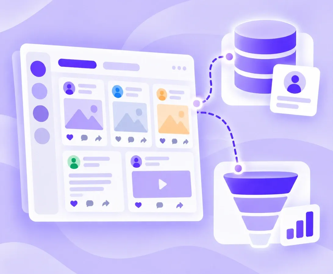 Illustration of a social suite feeding data into a CRM and sales funnel