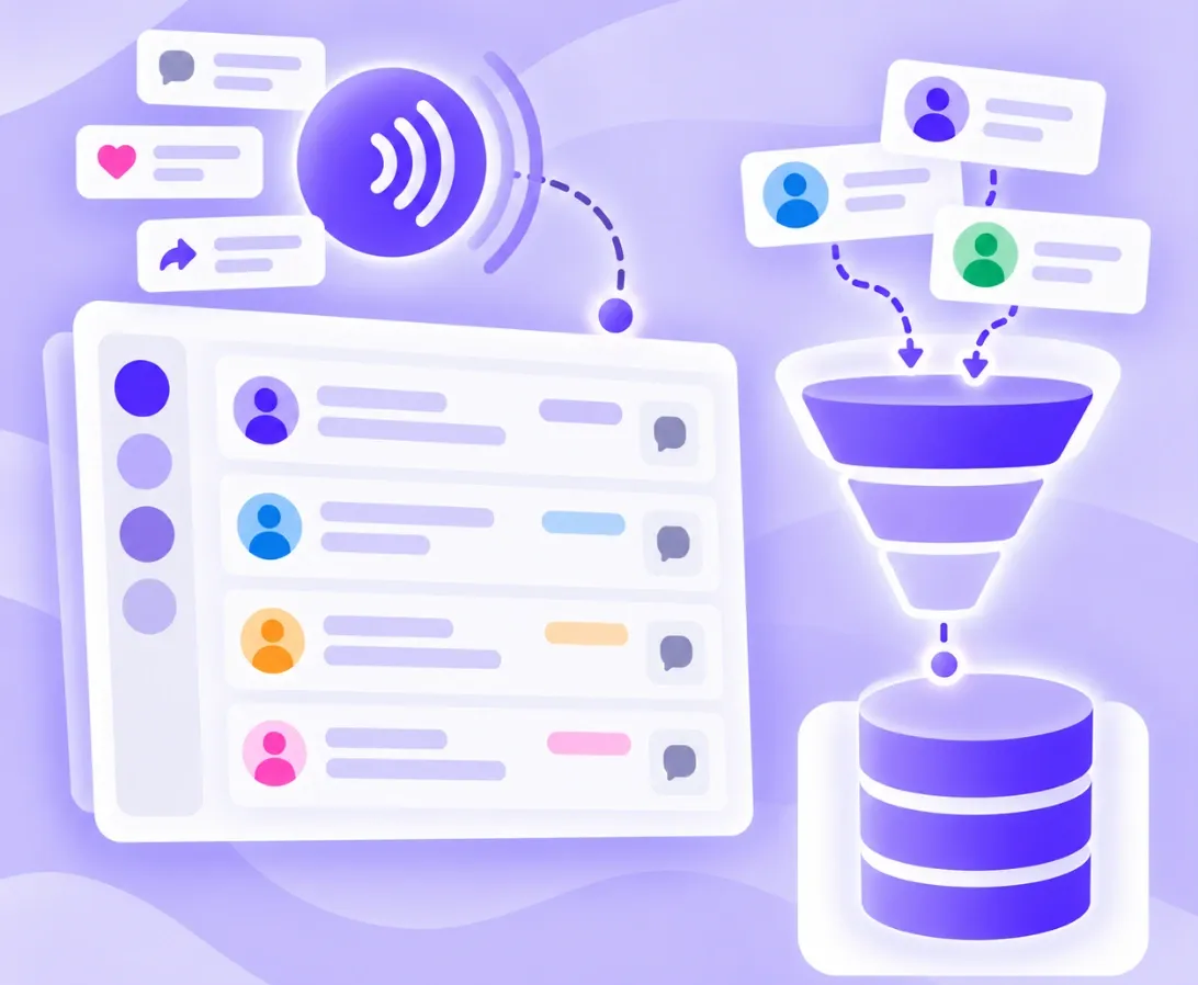 Illustration of social listening and an inbox feeding leads into a CRM