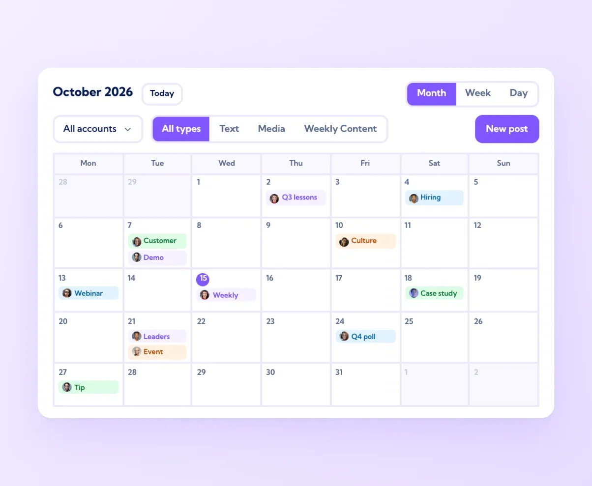 Vulse Schedule screen in month view with colour-coded LinkedIn posts for several team members