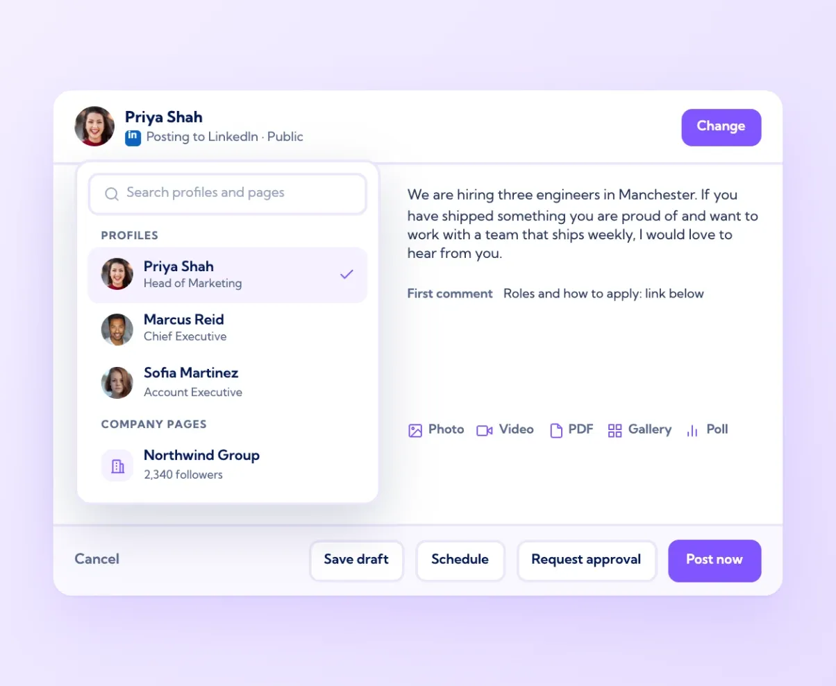 Vulse Create screen with the account picker open showing three profiles and a company page