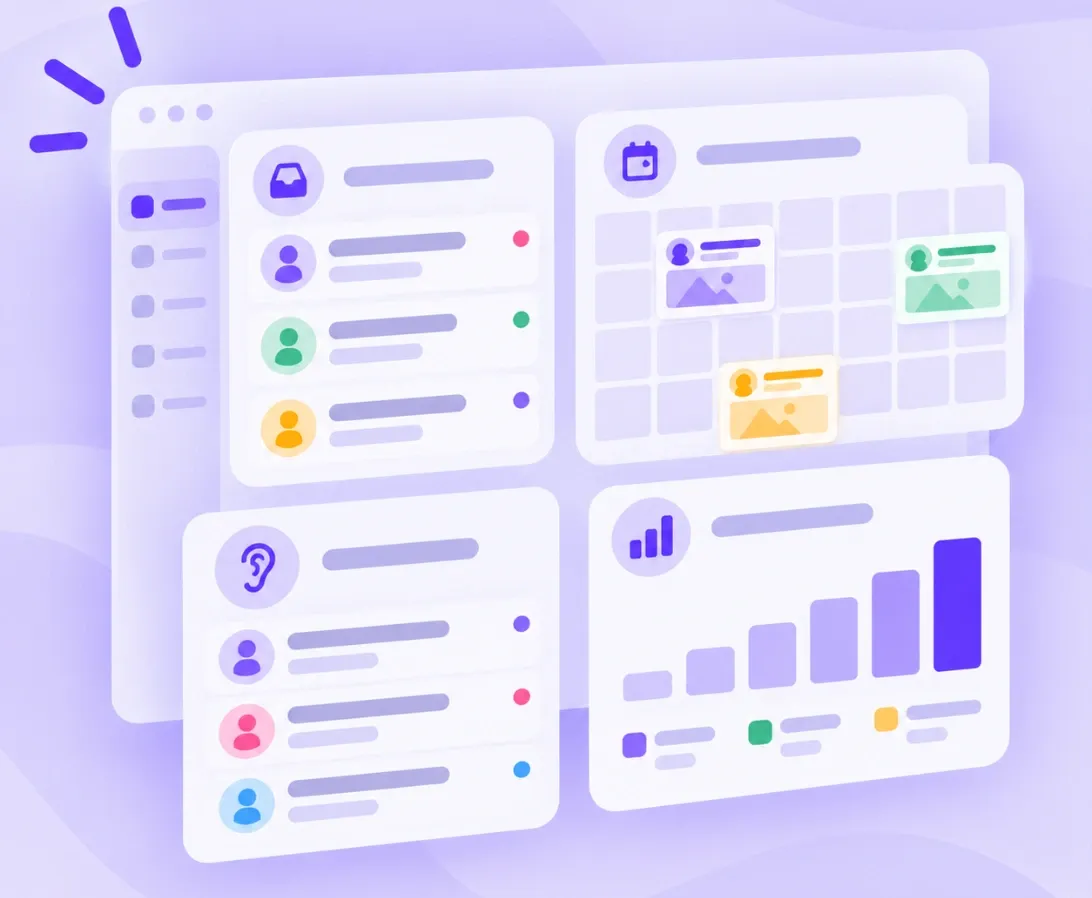 Illustration of a social media management workspace with inbox, calendar, listening and reports