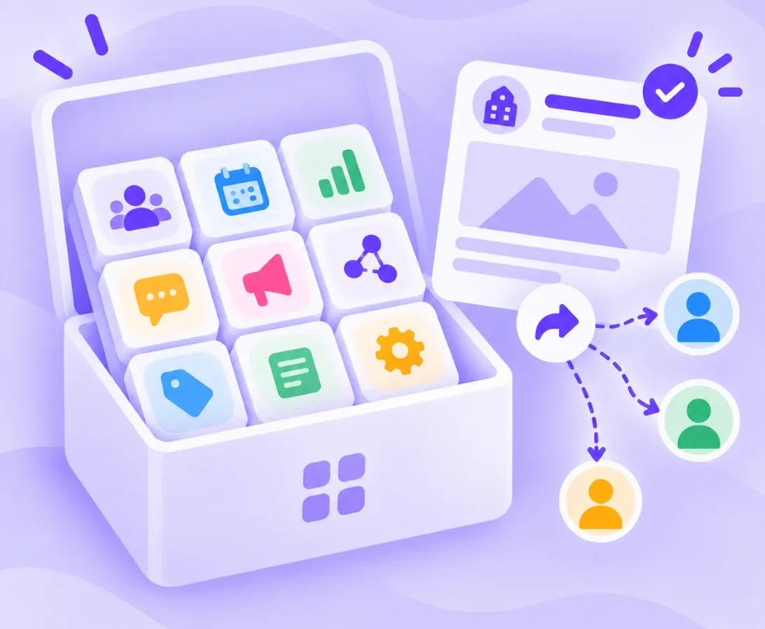 Illustration of an all-in-one toolbox next to an approved company post being shared