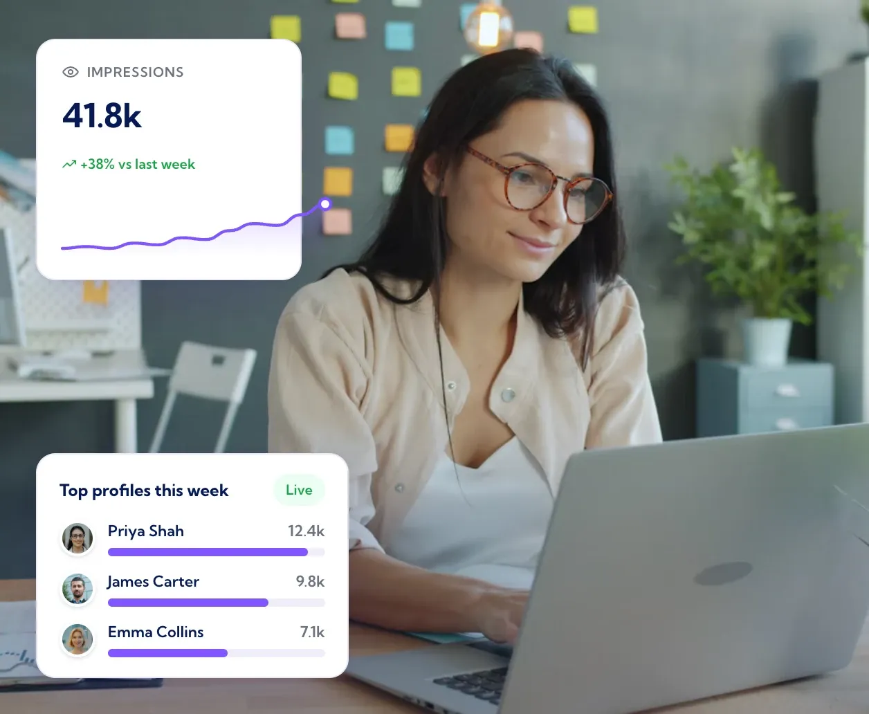 Marketer reviewing LinkedIn impressions and top profiles in Vulse analytics