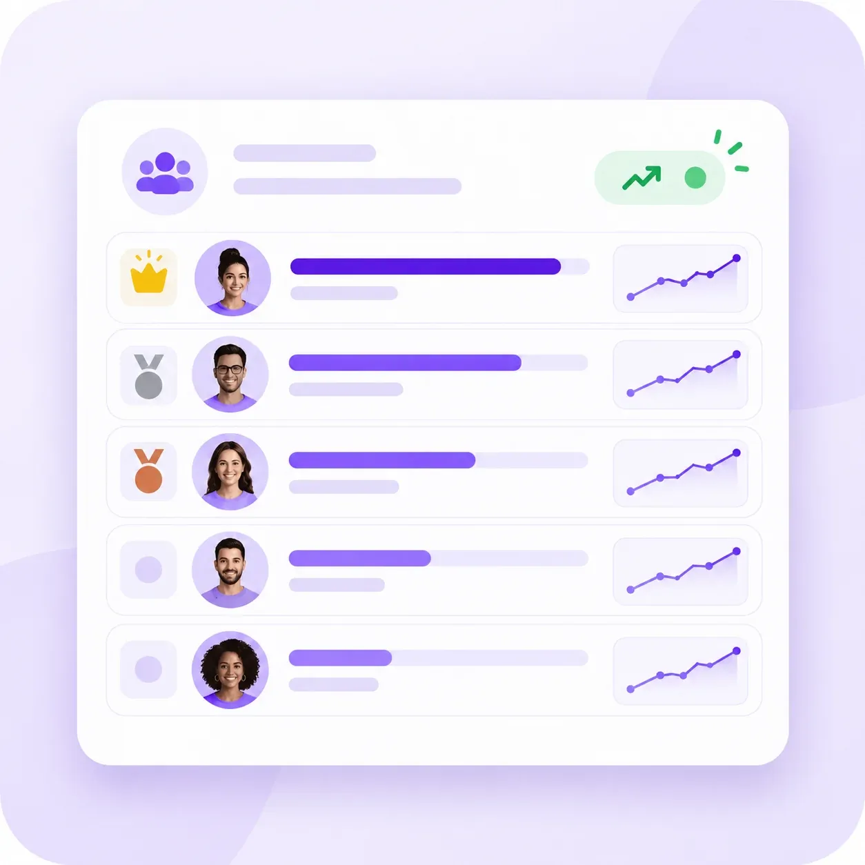 Employee advocacy leaderboard with contributor portraits and performance bars