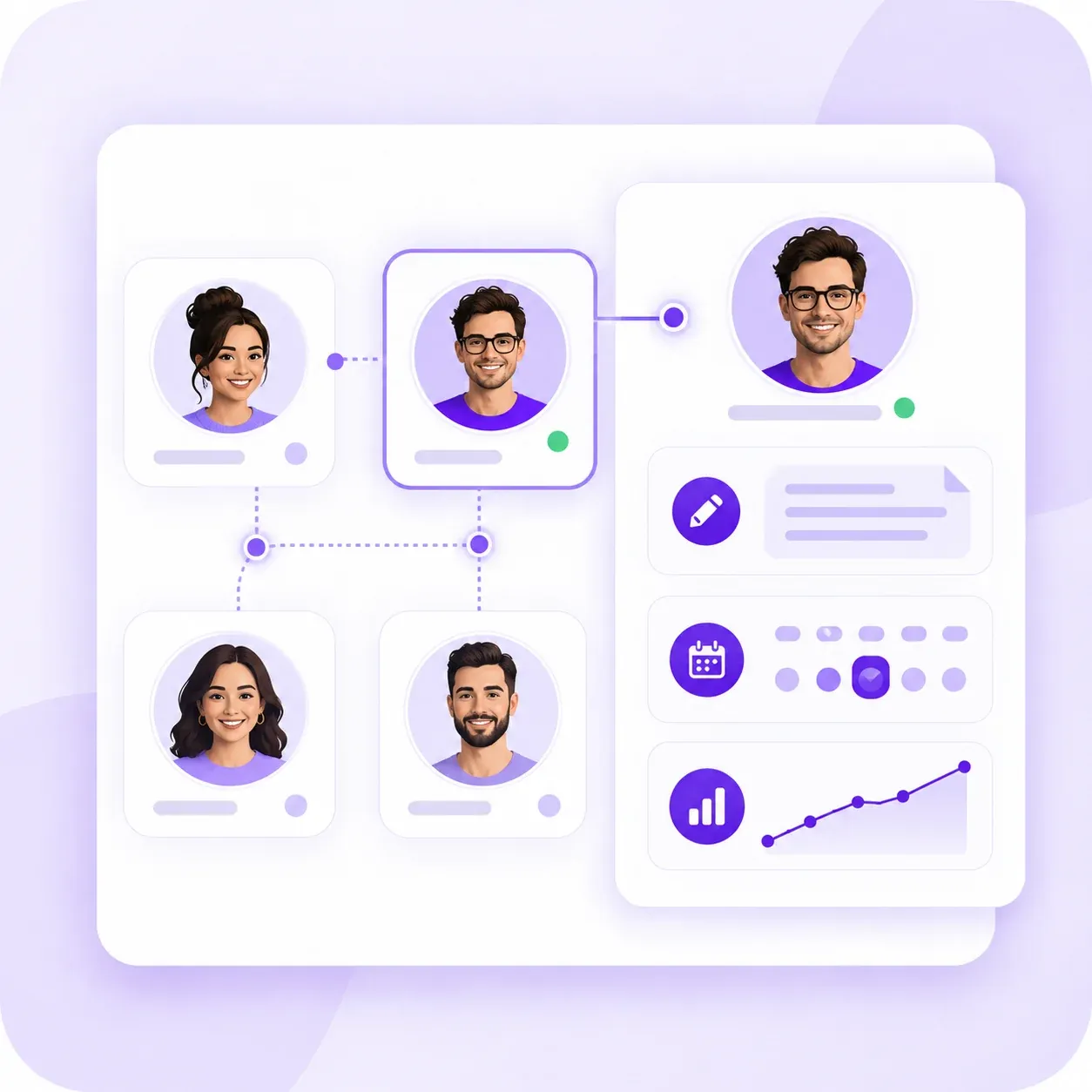 Personal profile cards connected to publishing and analytics controls