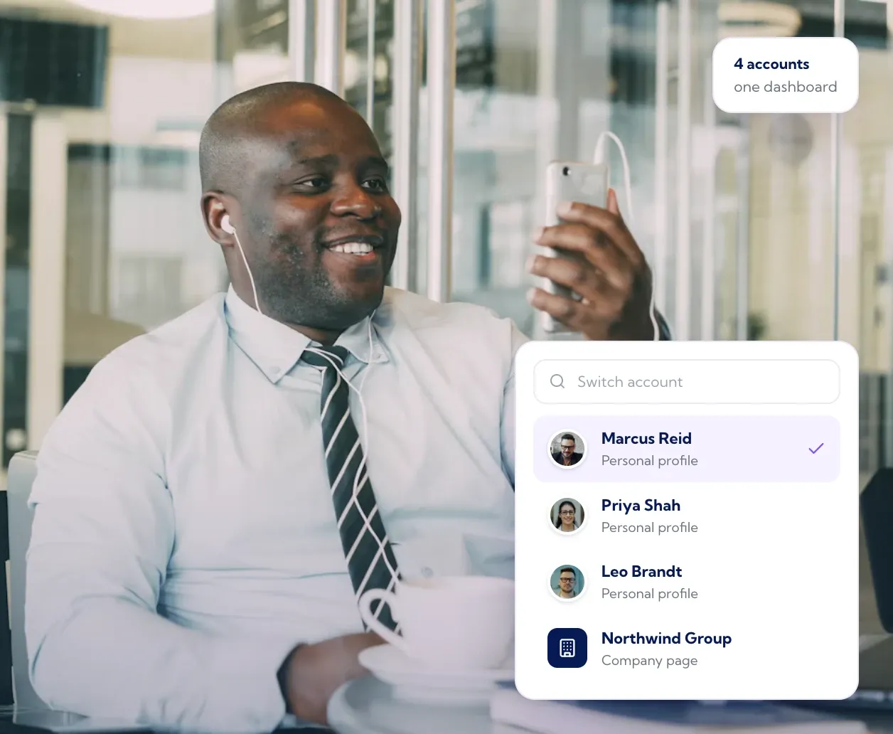 Professional switching between LinkedIn profiles and a company page in one Vulse dashboard