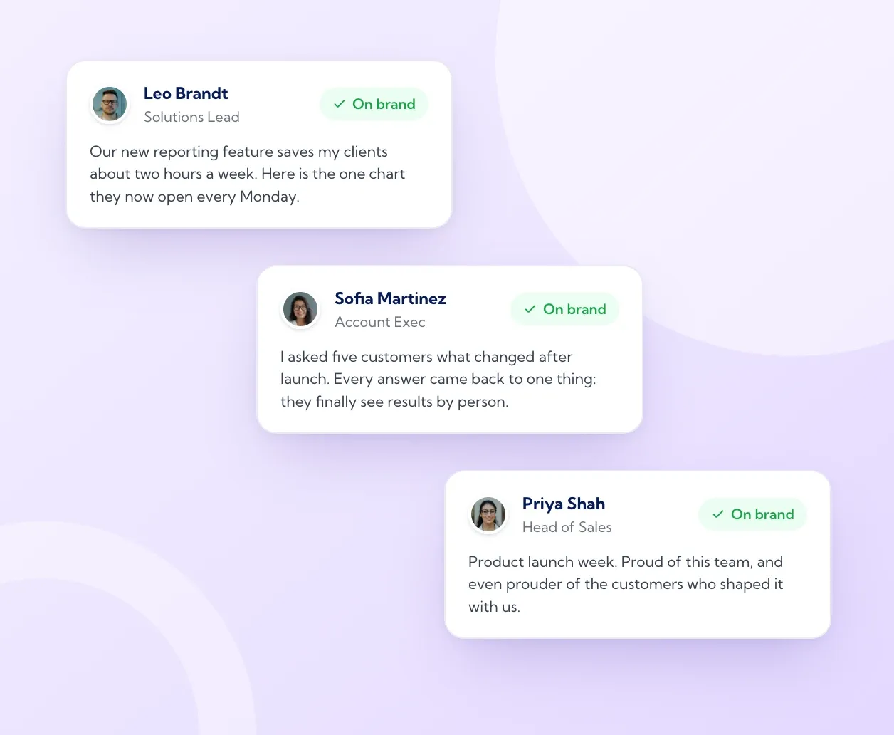 Three on-brand LinkedIn drafts, each written in a different employee’s voice