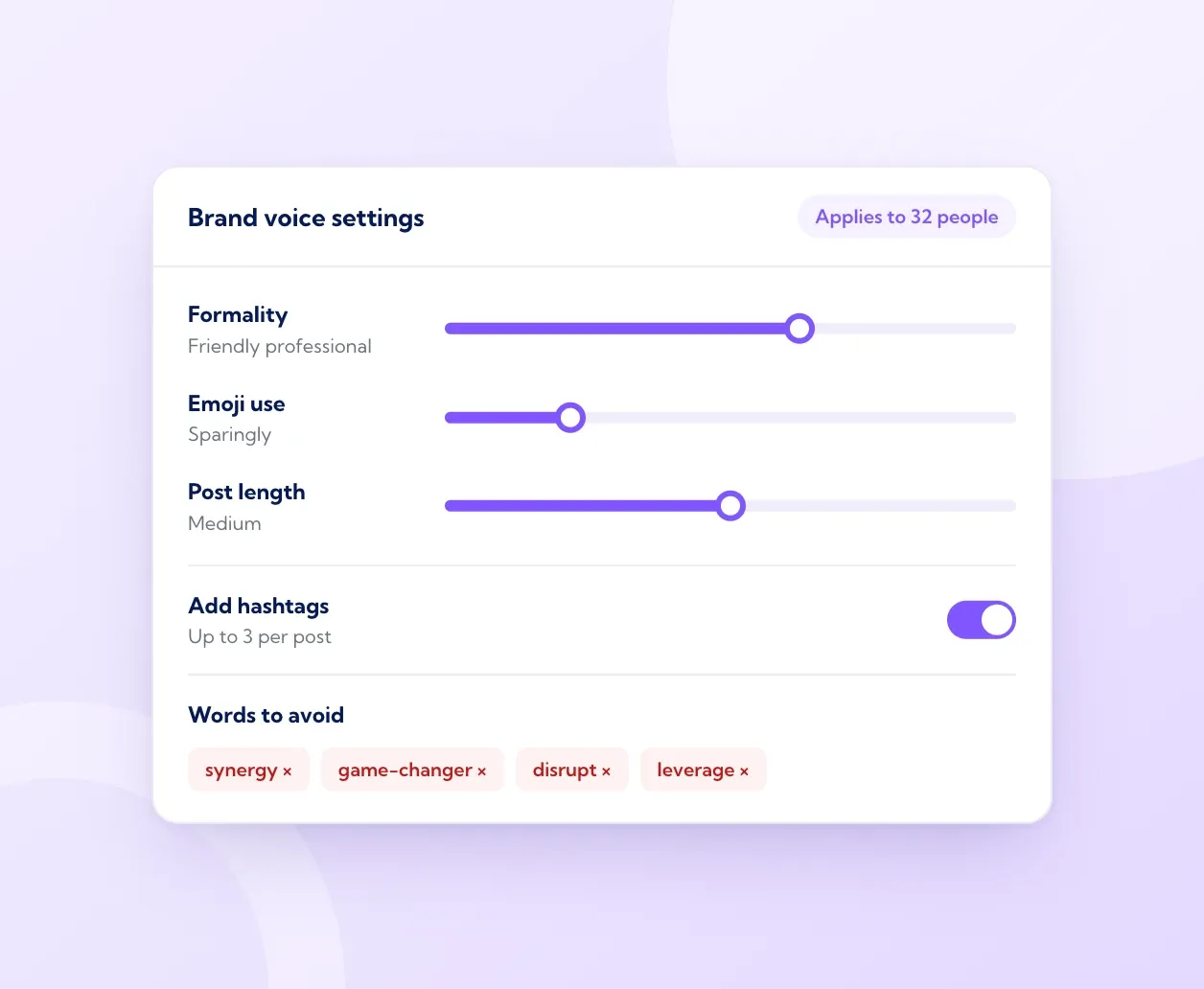 Brand voice settings for formality, emoji use, post length, hashtags and words to avoid