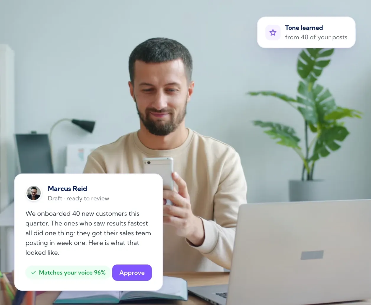 Professional reviewing a LinkedIn post drafted in his own voice by Vulse