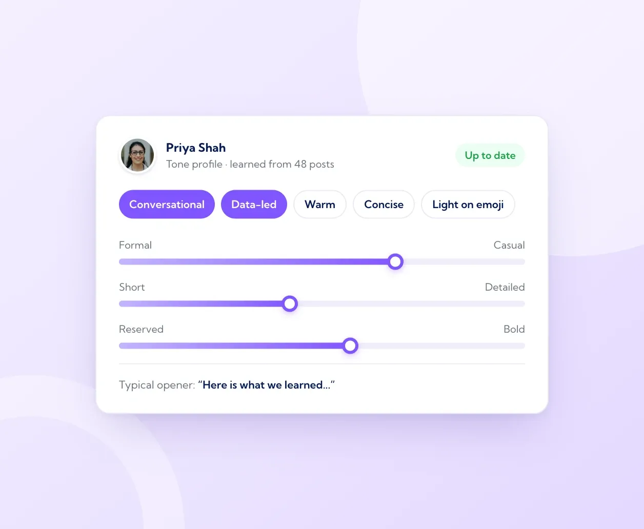 Tone profile learned from a person’s LinkedIn posts, with style traits and sliders
